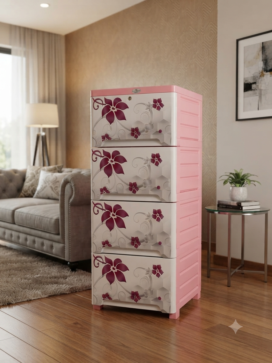 Single Wardrobe 4 Drawer KD Pink